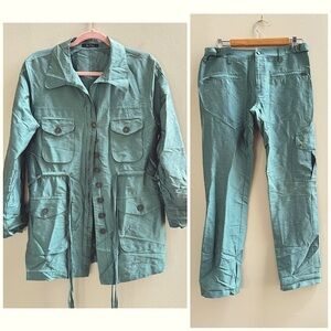 Nic + Zoe 100% Silk 2pc Jacket & Pant Set size 8 Seafoam Shimmer Blue Green